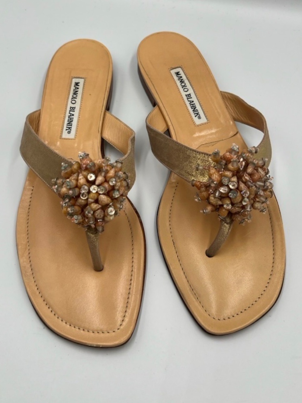 MANOLO BLAHNIK LEATHER EMBELLISHED THONG SANDAL